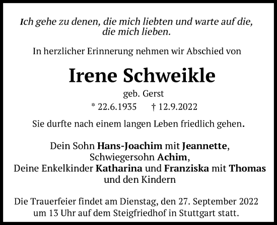 Traueranzeige von Irene Schweikle von Eßlinger Zeitung/Cannstatter Zeitung