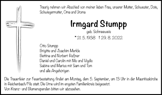 Traueranzeige von Irmgard Stumpp von Eßlinger Zeitung/Cannstatter Zeitung
