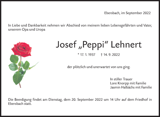 Traueranzeige von Josef Lehnert von Eßlinger Zeitung/Cannstatter Zeitung