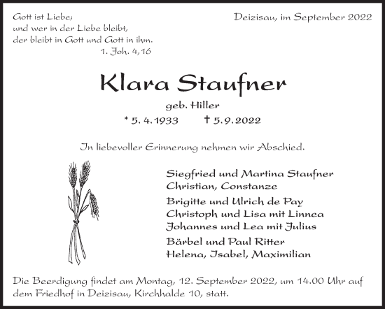 Traueranzeige von Klara Staufner von Eßlinger Zeitung/Cannstatter Zeitung