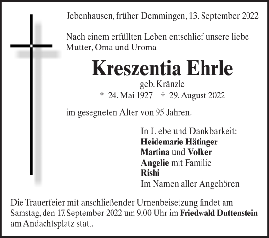Traueranzeige von Kreszentia Ehrle von Eßlinger Zeitung/Cannstatter Zeitung