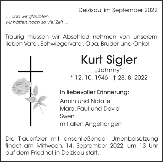 Traueranzeige von Kurt Sigler von Eßlinger Zeitung/Cannstatter Zeitung
