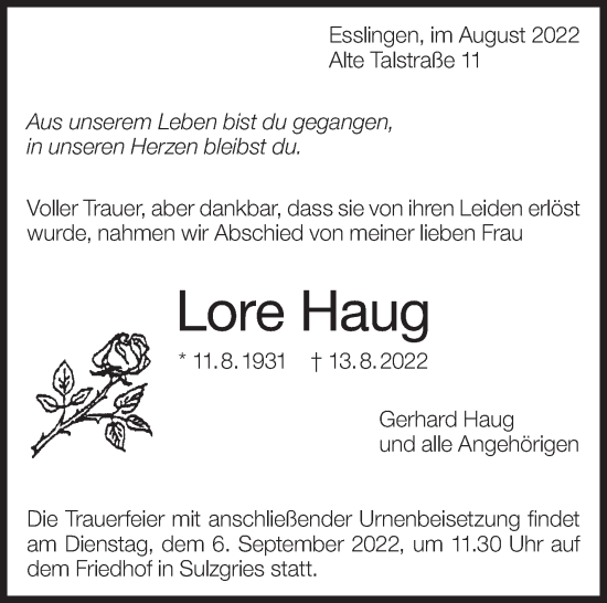 Traueranzeige von Lore Haug von Eßlinger Zeitung/Cannstatter Zeitung