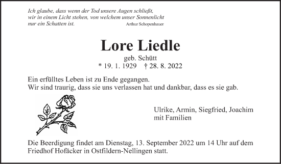 Traueranzeige von Lore Liedle von Eßlinger Zeitung/Cannstatter Zeitung