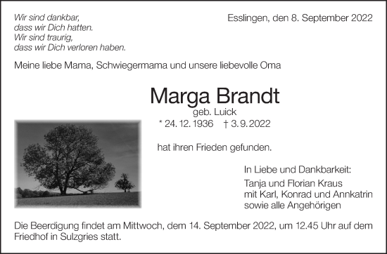 Traueranzeige von Marga Brandt von Eßlinger Zeitung/Cannstatter Zeitung