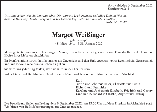 Traueranzeige von Margot Weißinger von Eßlinger Zeitung/Cannstatter Zeitung