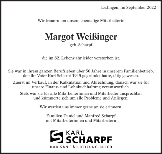 Traueranzeige von Margot Weißinger von Eßlinger Zeitung/Cannstatter Zeitung