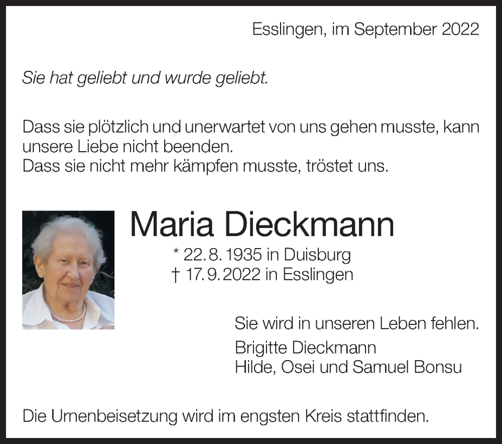  Traueranzeige für Maria Dieckmann vom 24.09.2022 aus Eßlinger Zeitung/Cannstatter Zeitung