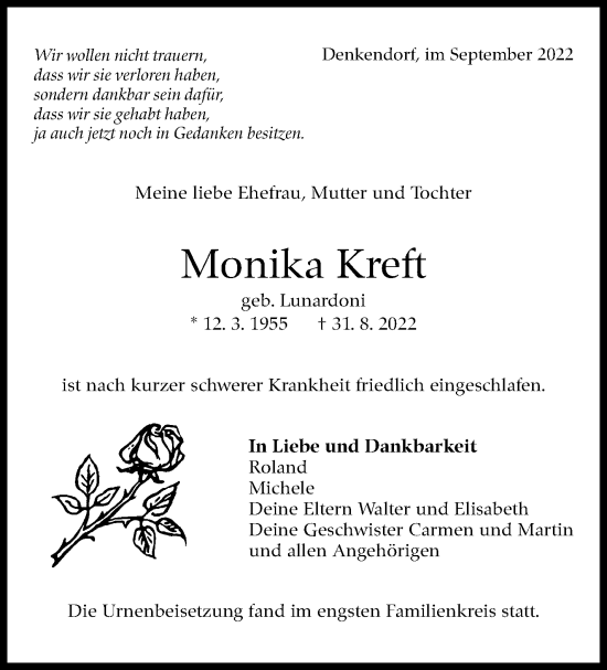 Traueranzeige von Monika Kreft von Eßlinger Zeitung/Cannstatter Zeitung
