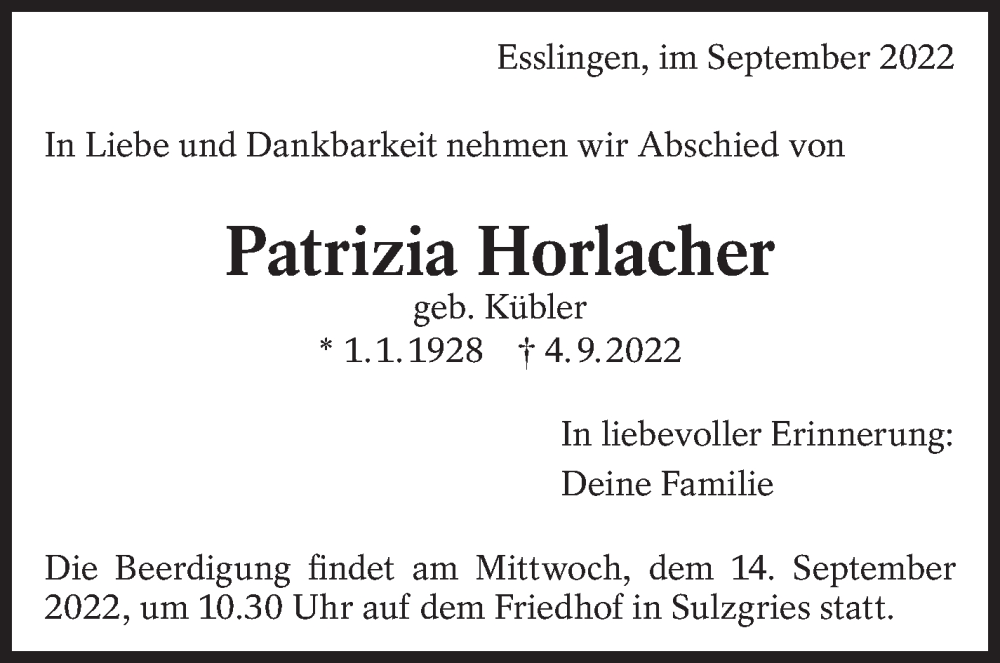  Traueranzeige für Patrizia Horlacher vom 09.09.2022 aus Eßlinger Zeitung/Cannstatter Zeitung