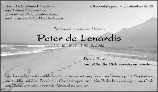 Traueranzeige von Peter de Lenardis von Eßlinger Zeitung/Cannstatter Zeitung