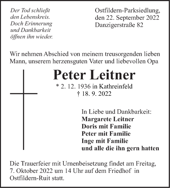 Traueranzeige von Peter Leitner von Eßlinger Zeitung/Cannstatter Zeitung