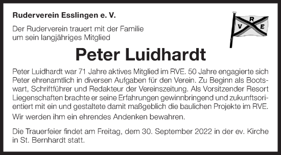 Traueranzeige von Peter Luidhardt von Eßlinger Zeitung/Cannstatter Zeitung
