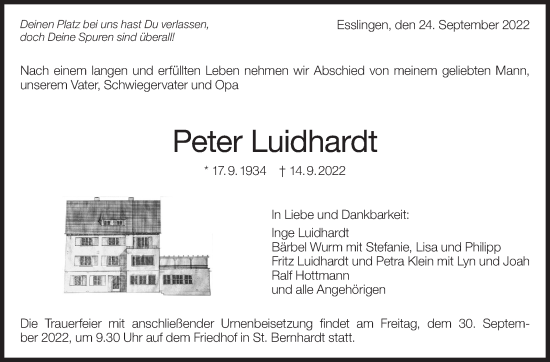 Traueranzeige von Peter Luidhardt von Eßlinger Zeitung/Cannstatter Zeitung
