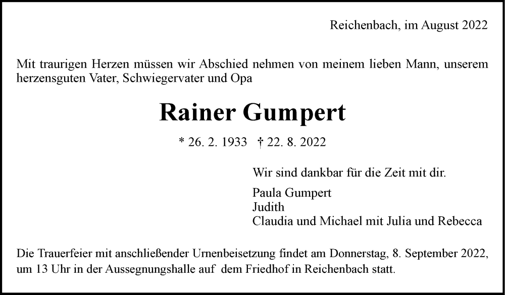  Traueranzeige für Rainer Gumpert vom 02.09.2022 aus Eßlinger Zeitung/Cannstatter Zeitung