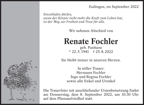Traueranzeige von Renate Fochler von Eßlinger Zeitung/Cannstatter Zeitung
