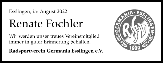 Traueranzeige von Renate Fochler von Eßlinger Zeitung/Cannstatter Zeitung