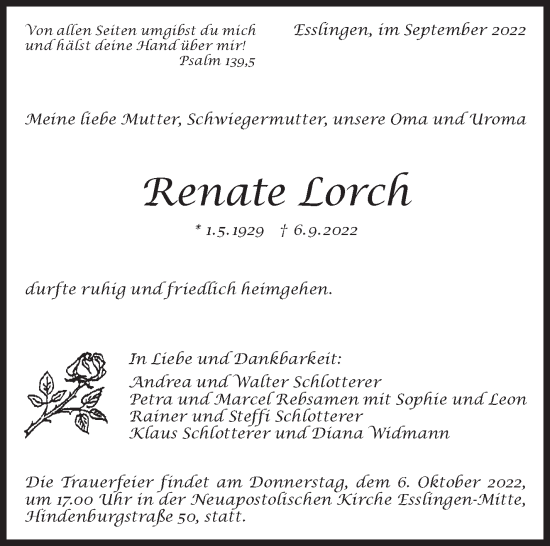 Traueranzeige von Renate Lorch von Eßlinger Zeitung/Cannstatter Zeitung