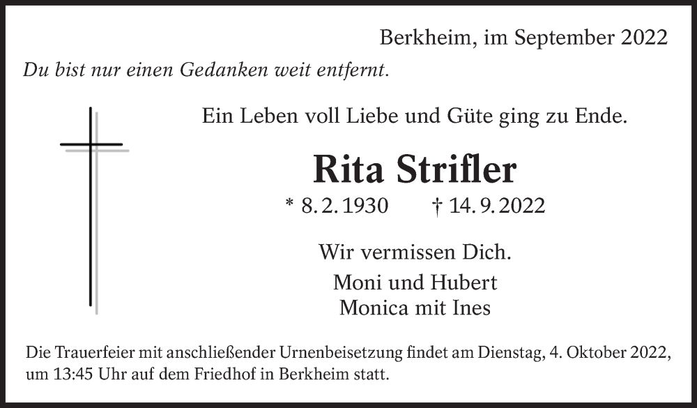  Traueranzeige für Rita Strifler vom 28.09.2022 aus Eßlinger Zeitung/Cannstatter Zeitung