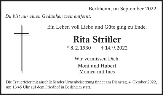 Traueranzeige von Rita Strifler von Eßlinger Zeitung/Cannstatter Zeitung