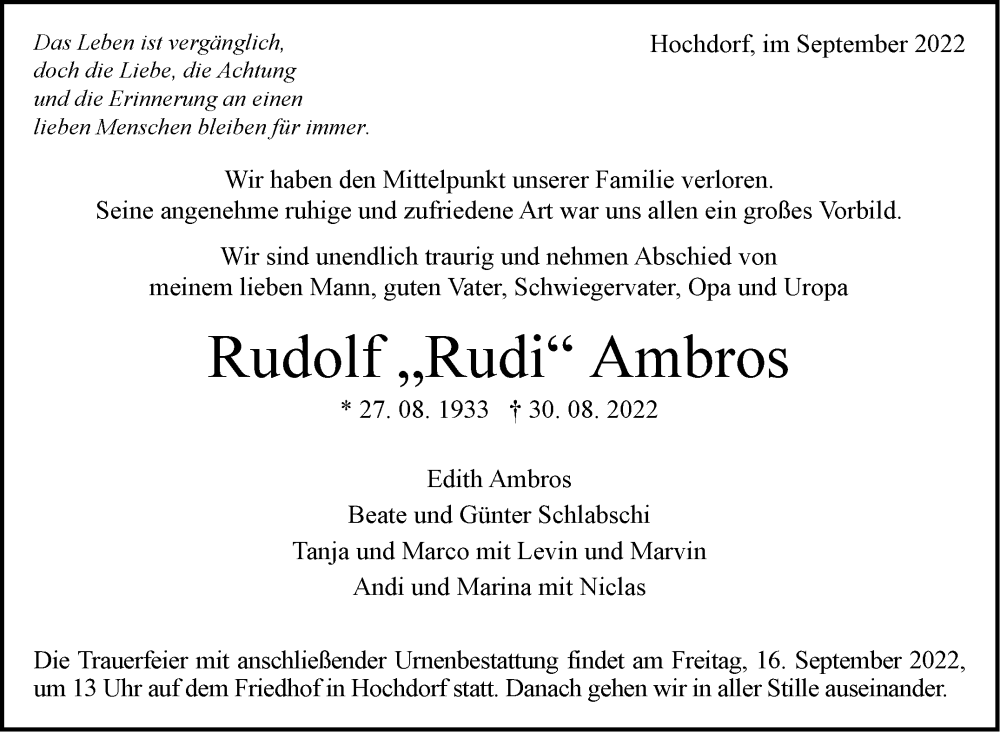  Traueranzeige für Rudolf Ambros vom 08.09.2022 aus Eßlinger Zeitung/Cannstatter Zeitung