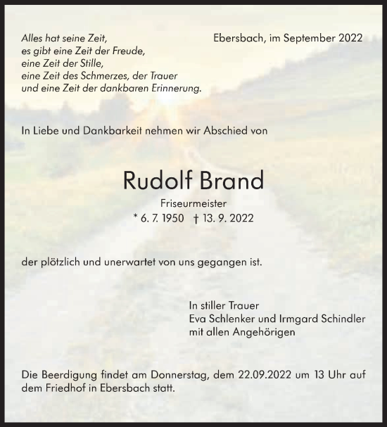 Traueranzeige von Rudolf Brand von Eßlinger Zeitung/Cannstatter Zeitung