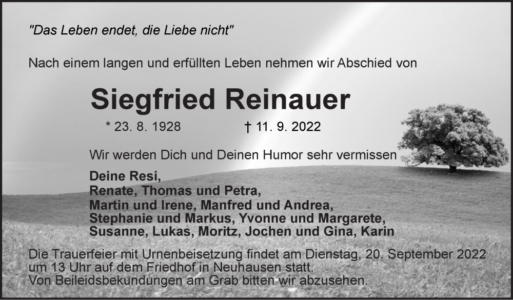  Traueranzeige für Siegfried Reinauer vom 17.09.2022 aus Eßlinger Zeitung/Cannstatter Zeitung