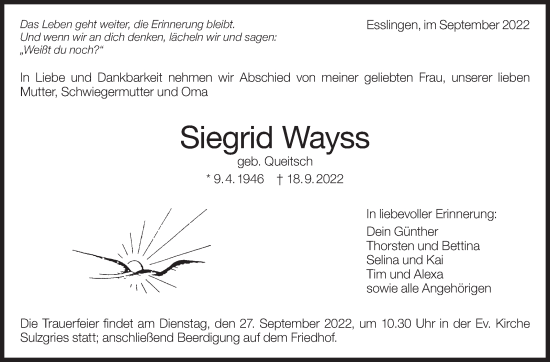 Traueranzeige von Siegrid Wayss von Eßlinger Zeitung/Cannstatter Zeitung