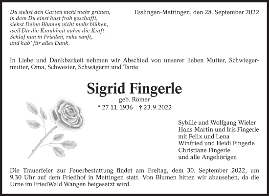 Traueranzeige von Sigrid Fingerle von Eßlinger Zeitung/Cannstatter Zeitung