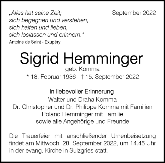 Traueranzeige von Sigrid Hemminger von Eßlinger Zeitung/Cannstatter Zeitung