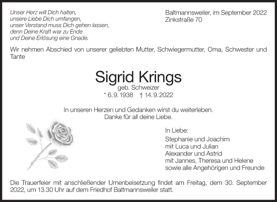 Traueranzeige von Sigrid Krings von Eßlinger Zeitung/Cannstatter Zeitung