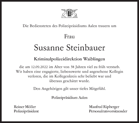 Traueranzeige von Susanne Steinbauer von Eßlinger Zeitung/Cannstatter Zeitung