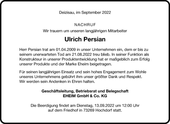 Traueranzeige von Ulrich Persian von Eßlinger Zeitung/Cannstatter Zeitung