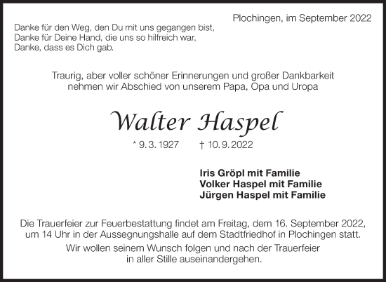 Traueranzeige von Walter Haspel von Eßlinger Zeitung/Cannstatter Zeitung
