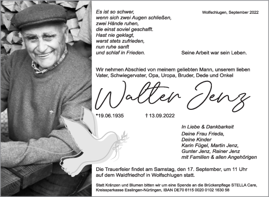 Traueranzeige von Walter Jenz von Eßlinger Zeitung/Cannstatter Zeitung