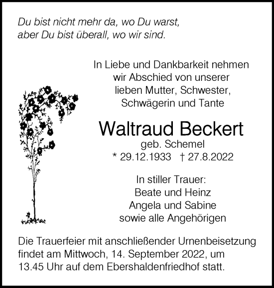 Traueranzeige von Waltraud Beckert von Eßlinger Zeitung/Cannstatter Zeitung