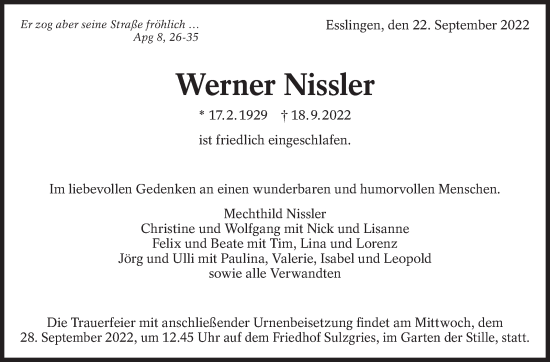 Traueranzeige von Werner Nissler von Eßlinger Zeitung/Cannstatter Zeitung