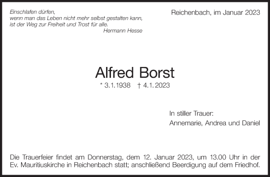 Traueranzeige von Alfred Borst von Eßlinger Zeitung/Cannstatter Zeitung