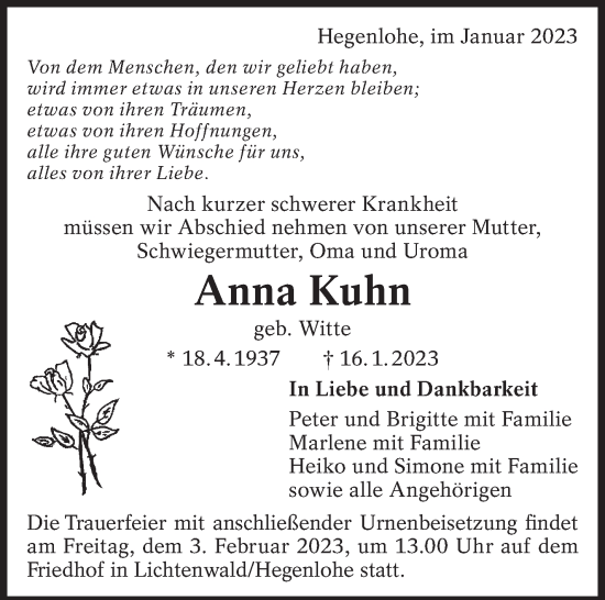 Traueranzeige von Anna Kuhn von Eßlinger Zeitung/Cannstatter Zeitung