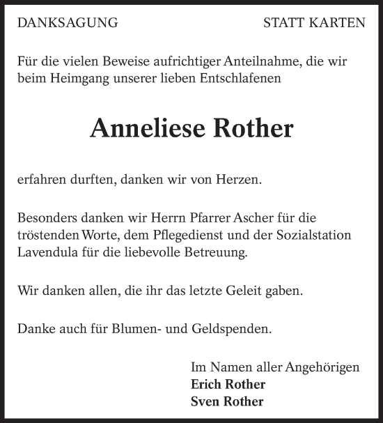 Traueranzeige von Anneliese Rother von Eßlinger Zeitung/Cannstatter Zeitung