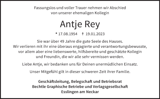 Traueranzeige von Antje Rey von Eßlinger Zeitung/Cannstatter Zeitung