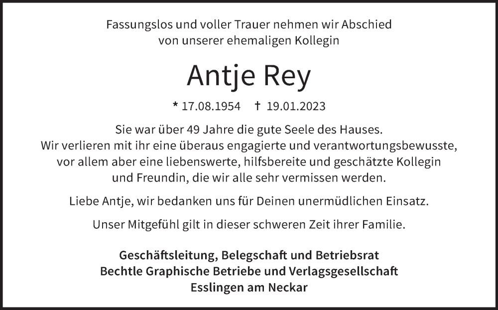  Traueranzeige für Antje Rey vom 28.01.2023 aus Eßlinger Zeitung/Cannstatter Zeitung