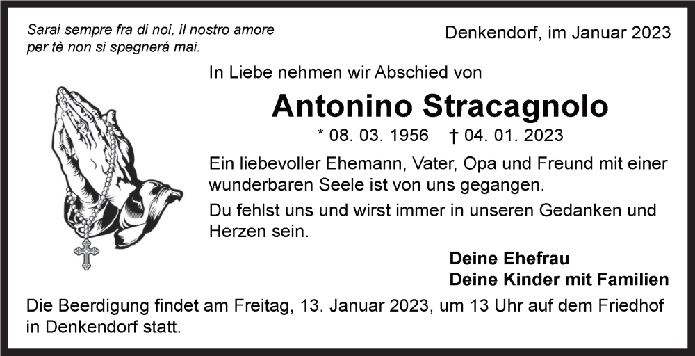  Traueranzeige für Antonino Stracagnolo vom 11.01.2023 aus Eßlinger Zeitung/Cannstatter Zeitung
