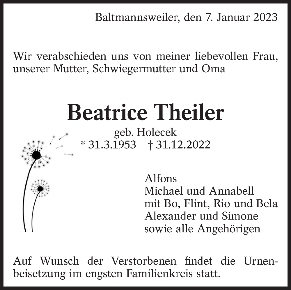  Traueranzeige für Beatrice Theiler vom 07.01.2023 aus Eßlinger Zeitung/Cannstatter Zeitung