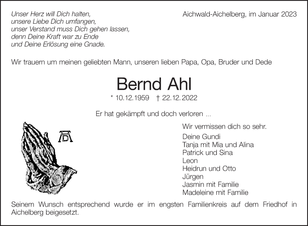  Traueranzeige für Bernd Ahl vom 10.01.2023 aus Eßlinger Zeitung/Cannstatter Zeitung