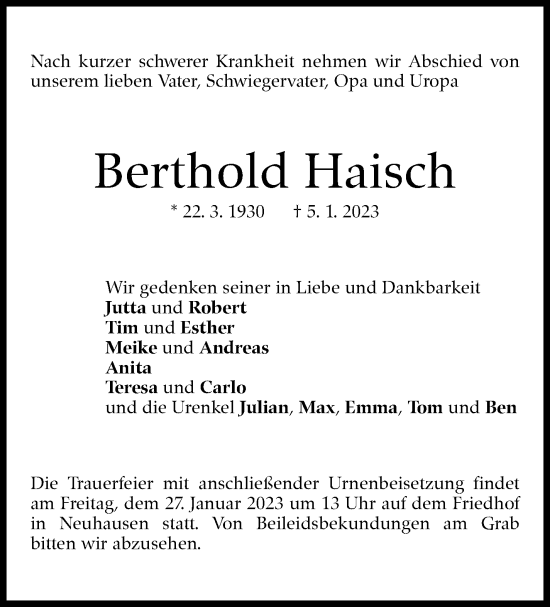 Traueranzeige von Berthold Haisch von Eßlinger Zeitung/Cannstatter Zeitung