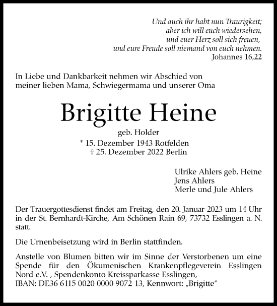 Traueranzeige von Brigitte Heine von Eßlinger Zeitung/Cannstatter Zeitung