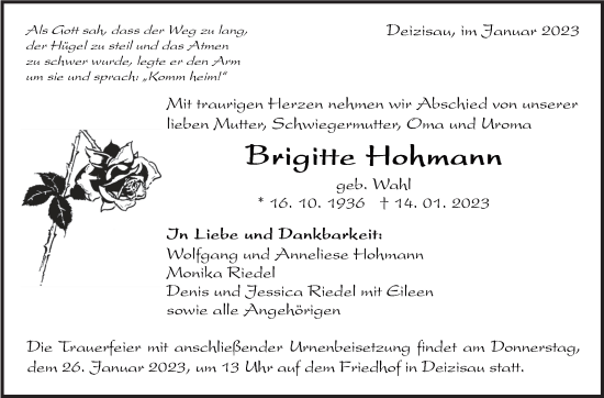 Traueranzeige von Brigitte Hohmann von Eßlinger Zeitung/Cannstatter Zeitung