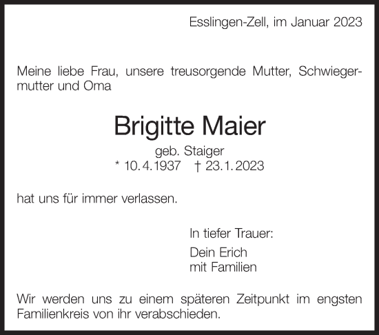 Traueranzeige von Brigitte Maier von Eßlinger Zeitung/Cannstatter Zeitung
