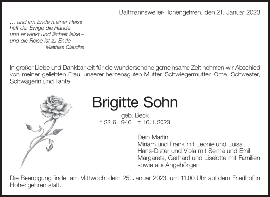 Traueranzeige von Brigitte Sohn von Eßlinger Zeitung/Cannstatter Zeitung